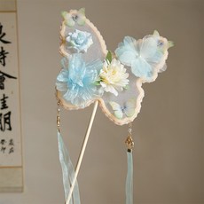 DFMEI 蝴蝶絹花團扇異形新中式流蘇古典舞扇子古風拍照漢服團扇兒童宮扇, 1個, 蝴蝶手持扇藍色【材料包1個】:如圖