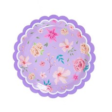 일회용 꽃무늬 종이접시 생일파티 홈파티 디저트용 예쁜 디자인 간편한 접시 세트, 퍼플 바탕 꽃 8개, 1개, 8개