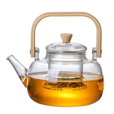 家用高硼硅玻璃花茶煮茶壺辦公室竹木把茶具煮茶器透明玻璃提樑壺, 1個, 泡沫盒包裝:1000ml, 1L