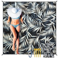 HIHOHO 해변 담요 방수 모래 방지 비치 매트 200.7 x 210.8cm(79 x 83인치) 성인 1-8명용 빠른 건조 내구성 있는 야외 피크닉 매트 해변 축제 여, 6'11" x 6'7", 블랙&w-팜