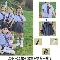 春夏季 兒童學院風校服 套裝 (條紋襯衫+短褲/裙+領帶+徽章+襪子)