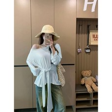 Yellwell 여성 여름 긴팔 상의 허리 리본 스트랩 긴팔 블라우스 DJP