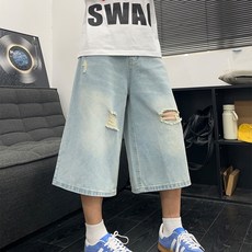 투니스 남성 루즈핏 디스트로이드 와이드 데님 7부 바지