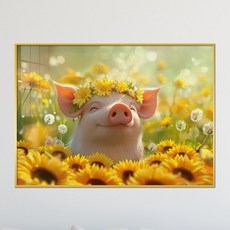 아트블루 돼지와 해바라기의 행복한 조합 행운을 부르는 인테리어 액자, 4. 해바라기 왕관을 쓴 돼지, 골드메탈