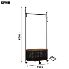 DFMEI 奶油風臥室落地掛衣架髒衣簍家用鐵藝衣服收納架簡易可移動衣帽架, 亞光黑藤編款仙人掌(長60高170)
