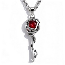 蛇形纏繞鑰匙紅色寶石鈦鋼項鍊，時尚個性，鈦鋼材質抗過敏，精緻設計，提升穿搭品味