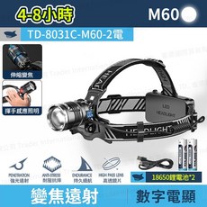 TD8031 變焦遠射頭燈】頭燈 強光頭燈 LED 感應頭燈 露營頭燈 夜釣頭燈 照明燈, 1個, 【2電】微笑鯊 TD-8031C-M60