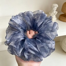 灰藍色細閃暈染歐根紗大腸髮圈, 1個, 藍色紗網波點發圈