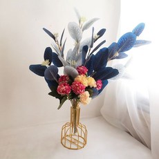 EJHA 假花仿真花束，高檔客廳擺件裝飾，尤加利餐桌花藝擺設, 粉球菊尤加利花束+金色小花瓶, 1個