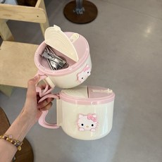 臺灣出貨 新款KT貓304不銹鋼泡麵ins帶蓋大容量爆款碗筷套裝瀝水飯盒防燙 PJII, 粉碗+蓋+新款KT立體貼+折疊餐具,中號1300 304食品級不銹鋼內膽, 1個