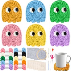 ERguanfoiun 6세트 게임 고스트 펀치 니들 코스터 키트 초보자를 위한 쉬운 DIY 자수 패턴 러그 터핑 접착 펠트 패브릭 후프 원사 도구 설명서 아트 크래프트 용품 선, ERguanfoiun 6세트 게임 고스트 펀치 니들 코