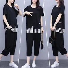 【顯瘦遮肉】大碼女裝兩件套 胖MM套裝 條紋上衣 九分褲 夏季新款 寬鬆休閒 200斤可穿 拼接設計 微胖女生穿搭