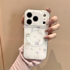 条纹星星月亮小动物磁吸适用iPhone17苹果16ProMax/15/14手机壳女, 1件, 磁吸-白底条纹星星月亮小动物 单壳:苹果14Pro