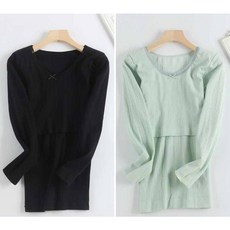 1+1 임산부 봄 수유복 긴팔티 레이스 장식 임부 수유 티셔츠 편안한 라운드넥 긴팔 수유 상의 YLP