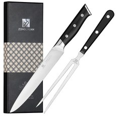 20.3cm(8인치) 스테인리스 스틸 카빙 나이프 및 17.8cm(7인치) 포크 세트 인체 공학적 풀 탱 손잡이가 있는 전문 BBQ 양지머리 슬라이싱 키트 프리미엄 육류