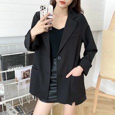 Yellwell여성 루즈핏 데일리 블레이저 자켓 봄가을 얇은 원버튼 심플 오버핏mxl