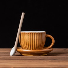 跨境粗陶復古條紋陶瓷杯一杯一碟, 1個, 窯變橙-不帶勺-200ml:220ml
