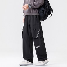 柳葉襠褲子男士防水工裝直筒褲，大尺碼春秋運動長褲, 2XL 建議體重（75-82.5 公斤）, 黑色