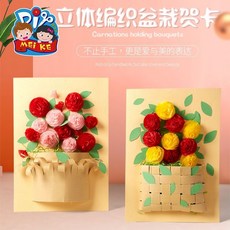 母親節DIY手作花束材料包：不織布康乃馨手捧花，幼兒園親子禮物首選, 立體編織盆栽賀卡-隨機款