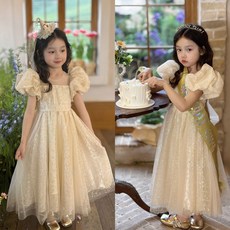 삐삐네옷가게 여아용 활금빛 요정 퍼프 파티 롱 드레스