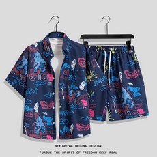 男夏季短袖碎花襯衫短褲套裝 夏威夷風沙灘服