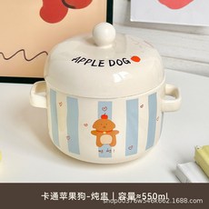 陶瓷燉盅 隔水蒸盅 燉湯瓦罐 蒸蛋碗 煲湯燉罐, 雙耳燉盅-蘋果狗, 1個