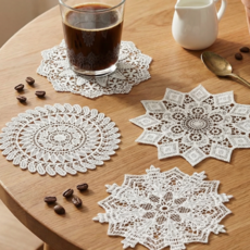 레인보우캣 컵 받침 인테리어 소품 컵 코스터 레이스 도일리 패브릭 티코스터 4종, 1세트, 화이트