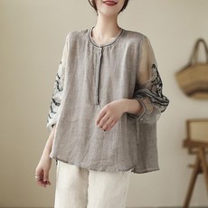 ORZQU 봄가을 여성 패션 루즈핏 캐쥬얼 패션 얇은 셔츠 긴팔 롱 미디 자수 라운드넥 컬러 패턴 문예 패치 상의