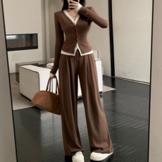 히또리 C0402 베이직 슬림 이중 레이어드 가디건 핀턱 일자통팬츠