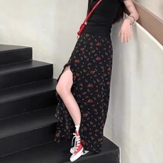 블랙 플로럴 패턴 언밸런스 슬릿 롱 스커트 여성 여름용