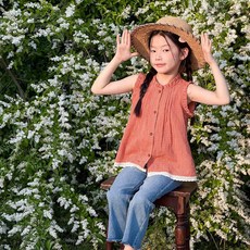 兒童格子襯衣 撞色蕾絲花邊無袖上衣