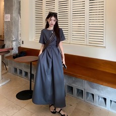 ZAJA 여성 여름 롱 원피스 순색 캐주얼 허리 조임 데일리룩