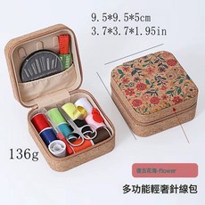 喜辦辦 xibanban 針線盒套裝，復古印花收納盒含縫紉工具, 1個, 復古針線盒—花海 (11色線+6配件)-無別針款:如圖所示