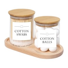 트레이 포함 유리 면봉 홀드 2팩 뚜껑 및 라벨 6개가 있는 면 원형 아포테케리 병 헤어 타이 치실 픽용 욕실 조리대 디스펜서(투명) 139608, 트레이 포함 유리 면봉 홀드 2팩, 뚜껑 및 라벨 6개