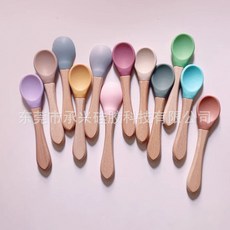 兒童矽膠餐盤 分格輔食碗 附圍兜叉勺 餵養餐具, 單個木柄勺子備註顏色）, 1個