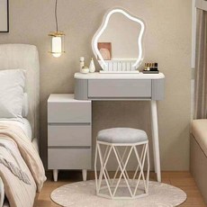 프라젯 파우더장 붙박이장 600 화장대 파우더룸화장대, 라운드 미러 화이트, 70 LED 거울 메쉬 스툴