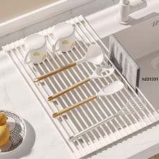 瀝水槽硅膠瀝水卷簾可折疊碗盤置物架洗碗池水槽折疊廚房收納專用, 淺黃色（馬卡龍色系）,32x22(食品級硅膠)防滑承重10kg, 1個