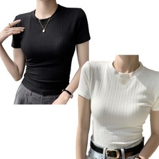 여성 라운드 슬림핏 골지 반팔 티셔츠 2P