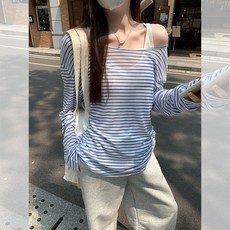 Yellwel 여성 스트라이프 배색 긴팔 티셔츠+나시 2종 세트 여름 DJP