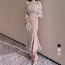 ViVEMO 女款一字領雪紡魚尾裙洋裝 00722, 粉色