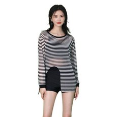 스트라이프 시스루 비치웨어 수영복 세트 자외선차단 여행 그물 롱