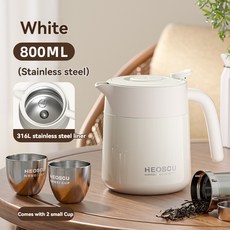 【台灣熱銷Top1】NRMEI 陶瓷內膽瓶不銹鋼保溫瓶燉茶壺辦公室家用暖茶器, 白色 800ml + 2 小杯, 1個