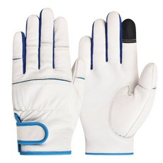 QIANGLEAF 羊皮勞保手套 觸屏真皮耐磨 適用於戶外登山、防護、電焊、維修、騎行, 白色藍邊,XL, 1個