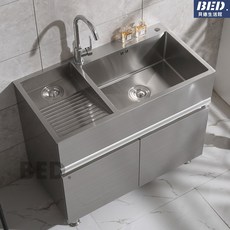 不鏽鋼304水槽洗碗台，單櫃落地式洗衣櫃，陽臺家用洗衣池帶搓板洗手臺盆浴室櫃組合, 80*48手工盆帶搓板, 1個
