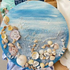 DIY手工立體肌理畫材料包 貝殼沙灘海邊DIY石英砂畫diy材質包紀念品全套肌理畫製作貝殼沙灘, 1個, 粉紅色浪漫,20cm圓