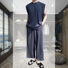 남자 맞주름 나시 와이드 밴딩바지세트 쿨바지 데이트 데일리웨어 대학생 캐쥬얼 데일리룩