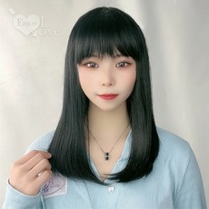 齊瀏海中長直髮黑色假髮 - 成人或娃娃裝扮, 1個
