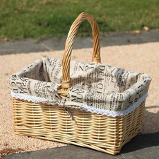 格森藤編野餐籃手提籃：手工編織購物籃、水果籃、收納籃、雞蛋籃 多功能用途, 無蓋原色字母布,大號長38寬28高18, 1個