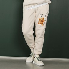 Auraq 中性款小熊圖案印花刷絨縮口運動褲