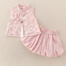 女寶寶國風套裝百天週歲中式禮服盤扣無袖裙褲兩件套女童漢服夏